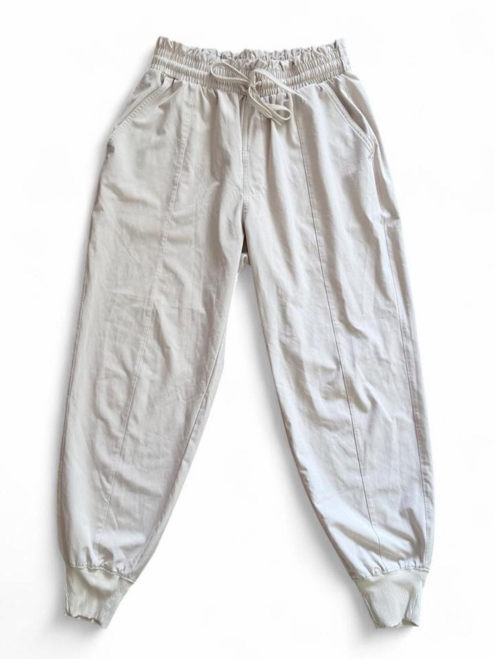 Abercrombie & Fitch Cream Tan Khaki Paper-Bag Ruffled Waist Lightweight Joggers - Picture 2 of 8
